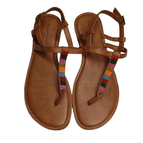 FADED GLORY Colorful Beaded Stripe Print Thong Brown Flat Sandals 10 - Picture 4 of 6